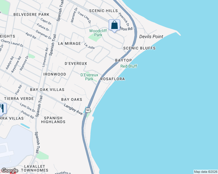 map of restaurants, bars, coffee shops, grocery stores, and more near 6436 Rosaflora Lane in Pensacola