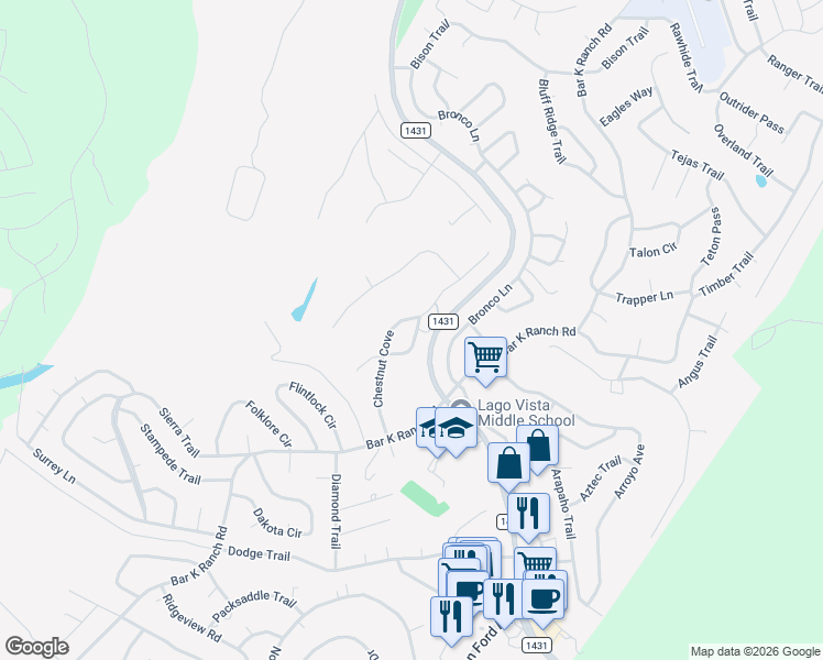 map of restaurants, bars, coffee shops, grocery stores, and more near 8128 Chestnut Cove in Lago Vista