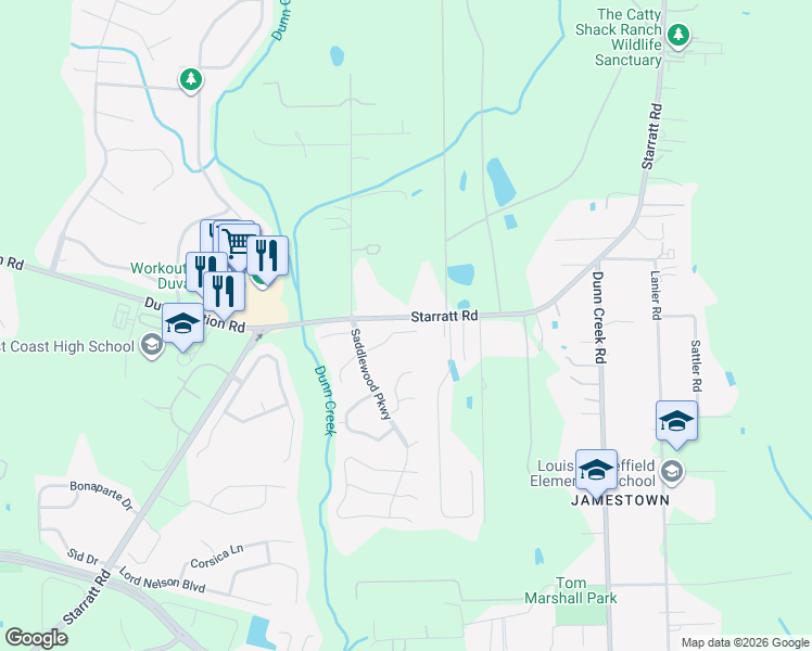map of restaurants, bars, coffee shops, grocery stores, and more near 1157 Arcaro Court in Jacksonville