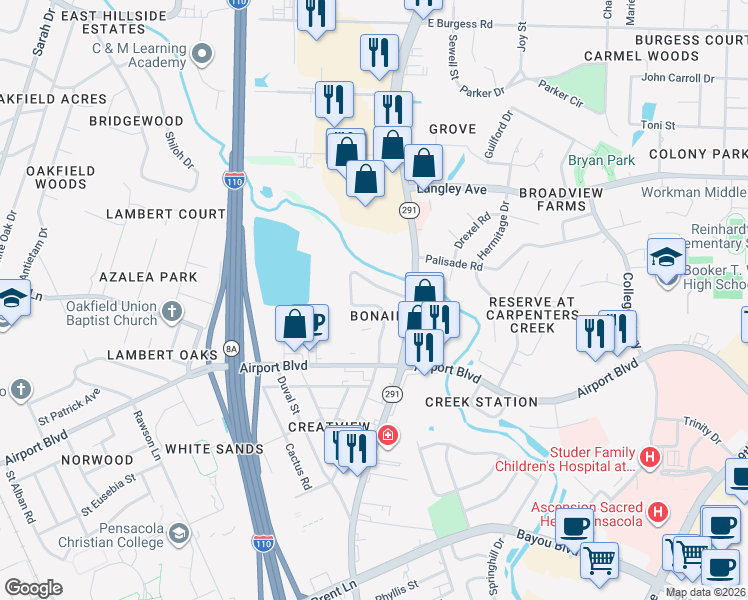 map of restaurants, bars, coffee shops, grocery stores, and more near 6006 Walton Street in Pensacola