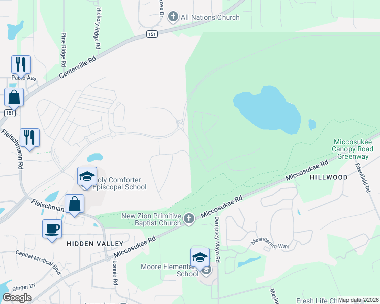 map of restaurants, bars, coffee shops, grocery stores, and more near Miccosukee Greenway in Tallahassee