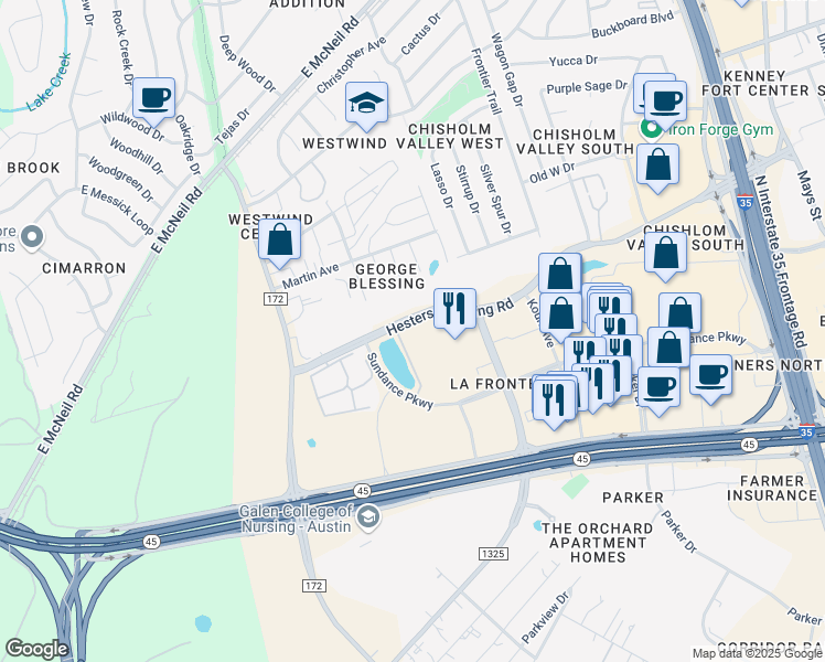 map of restaurants, bars, coffee shops, grocery stores, and more near 175 Hesters Crossing Road in Round Rock