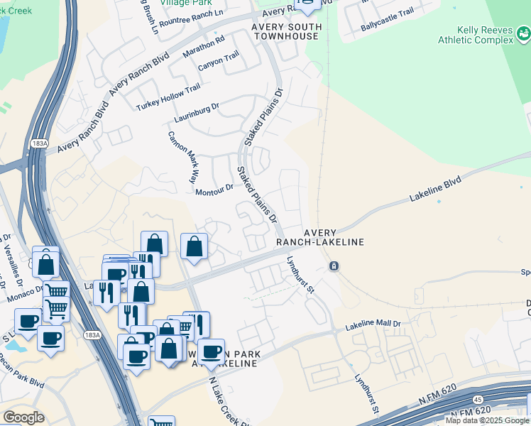 map of restaurants, bars, coffee shops, grocery stores, and more near 14005 1/2 Carolina Lane in Austin