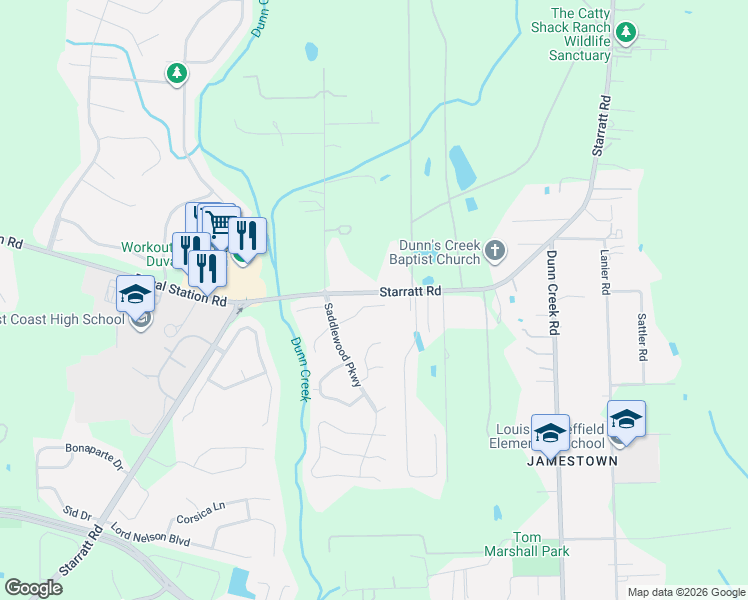 map of restaurants, bars, coffee shops, grocery stores, and more near 1157 Arcaro Court in Jacksonville