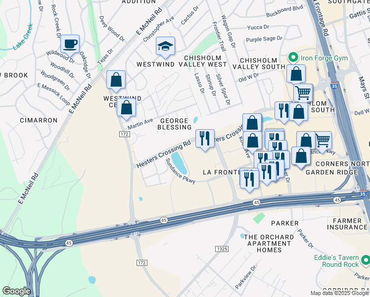 map of restaurants, bars, coffee shops, grocery stores, and more near 941 Hesters Crossing Road in Round Rock