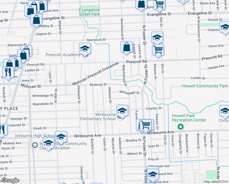 map of restaurants, bars, coffee shops, grocery stores, and more near 4552 Winnebago Street in Baton Rouge