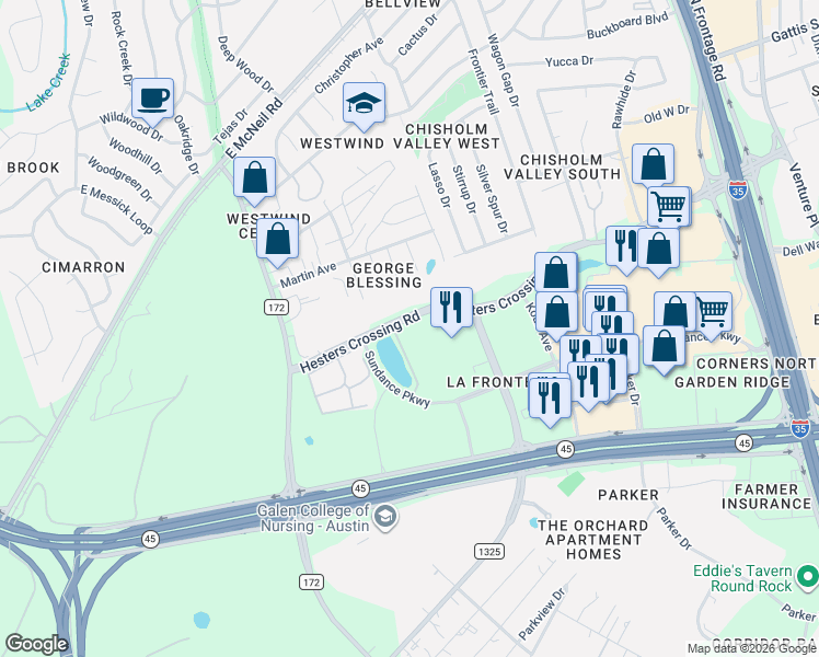map of restaurants, bars, coffee shops, grocery stores, and more near 175 Hesters Crossing Road in Round Rock