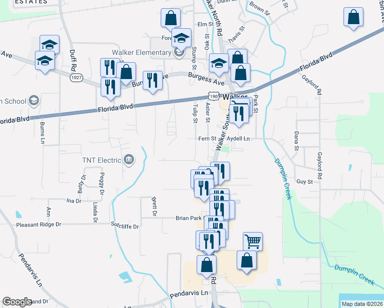 map of restaurants, bars, coffee shops, grocery stores, and more near 29537 Tulip Street in Walker