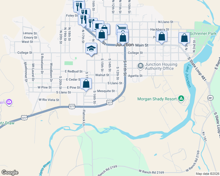 map of restaurants, bars, coffee shops, grocery stores, and more near 211 South Llano Street in Junction