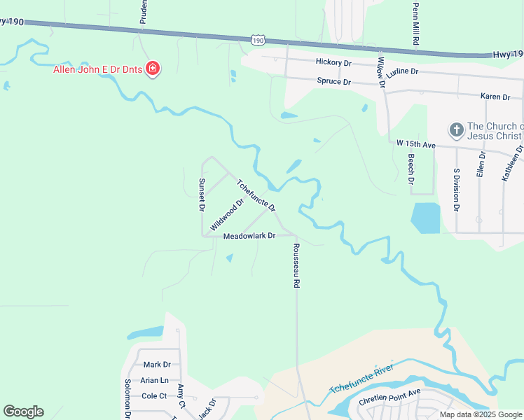 map of restaurants, bars, coffee shops, grocery stores, and more near 15320 Tchefuncte Drive in Covington