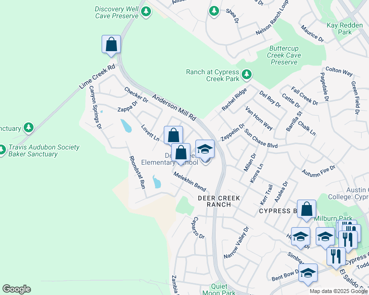map of restaurants, bars, coffee shops, grocery stores, and more near 1114 Challa Drive in Cedar Park