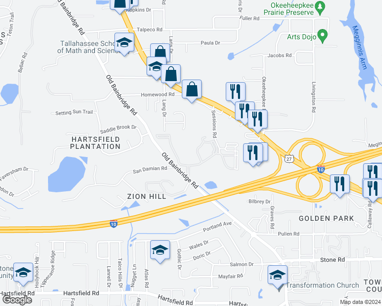 map of restaurants, bars, coffee shops, grocery stores, and more near 2677 Old Bainbridge Road in Tallahassee