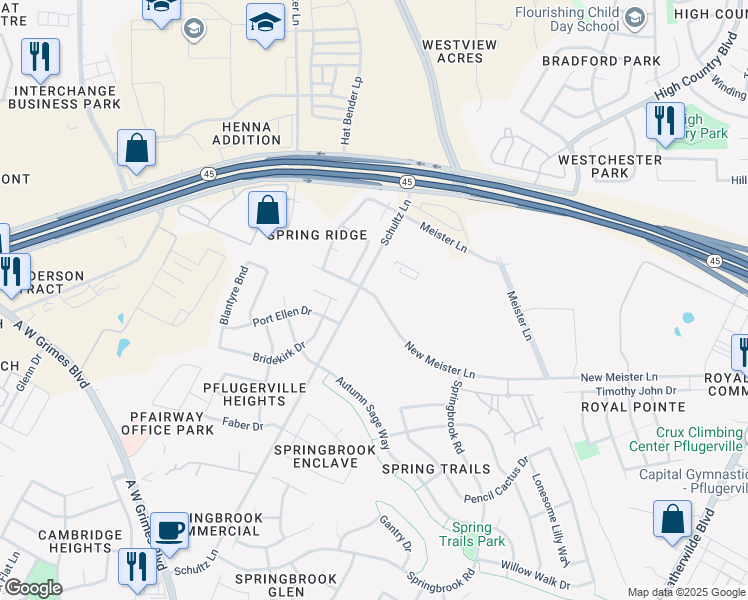 map of restaurants, bars, coffee shops, grocery stores, and more near 1221 New Meister Lane in Pflugerville