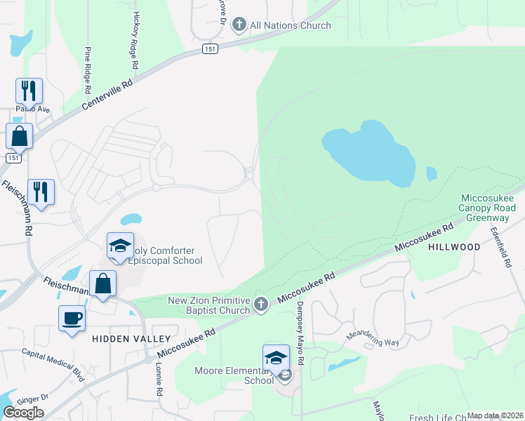 map of restaurants, bars, coffee shops, grocery stores, and more near Miccosukee Greenway in Tallahassee
