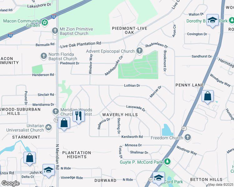 map of restaurants, bars, coffee shops, grocery stores, and more near 911 Lothian Drive in Tallahassee