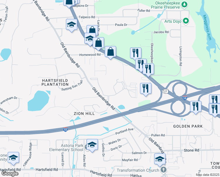 map of restaurants, bars, coffee shops, grocery stores, and more near 2677 Old Bainbridge Road in Tallahassee