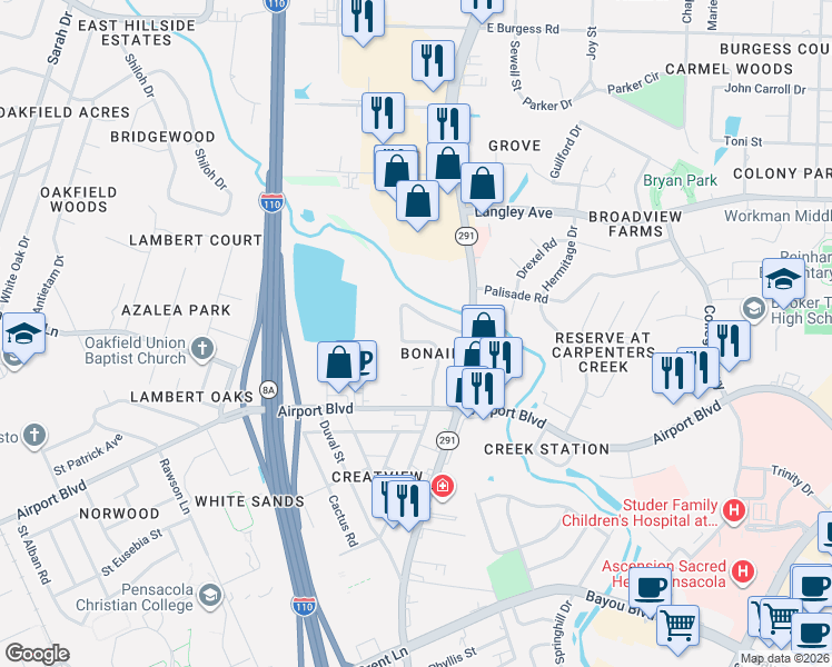 map of restaurants, bars, coffee shops, grocery stores, and more near 6128 Walton Street in Pensacola