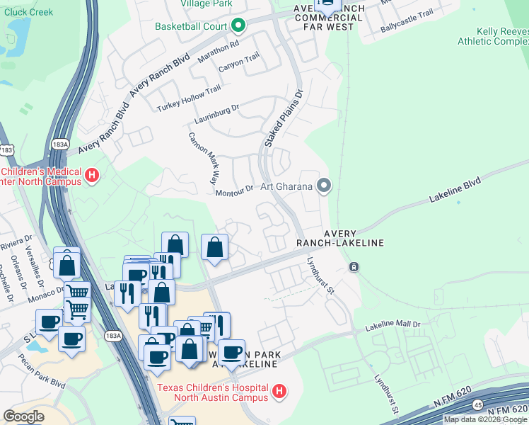 map of restaurants, bars, coffee shops, grocery stores, and more near 11021 Avery Station Loop in Austin