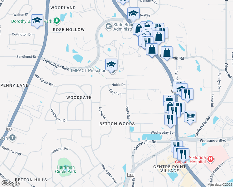 map of restaurants, bars, coffee shops, grocery stores, and more near 2670 Egret Lane in Tallahassee