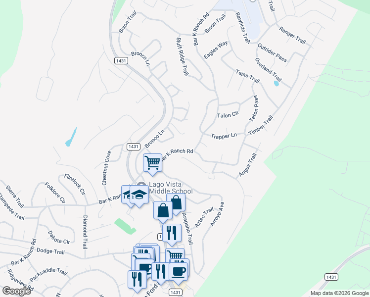 map of restaurants, bars, coffee shops, grocery stores, and more near 8304 Bar K Ranch Road in Lago Vista