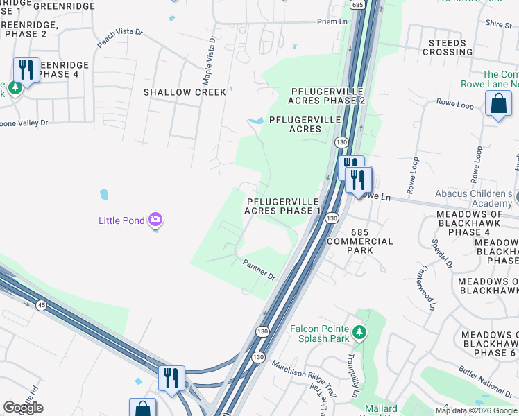 map of restaurants, bars, coffee shops, grocery stores, and more near 20006 Panther Drive in Pflugerville