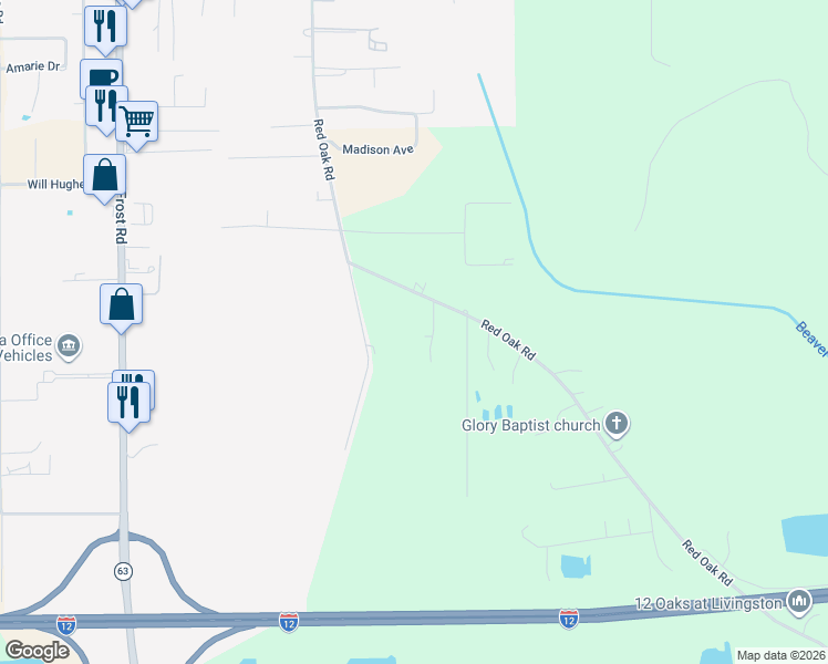map of restaurants, bars, coffee shops, grocery stores, and more near 28729 Red Oak Road in Livingston
