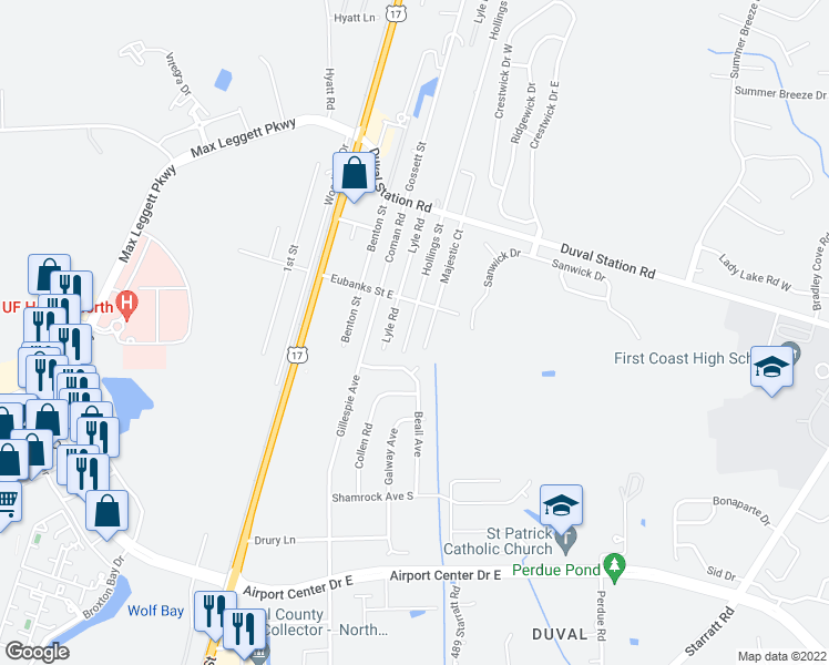 map of restaurants, bars, coffee shops, grocery stores, and more near 13625 Hollings Street in Jacksonville