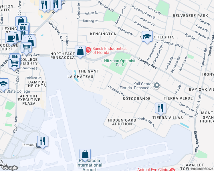 map of restaurants, bars, coffee shops, grocery stores, and more near 5367 Flintwood Circle in Pensacola