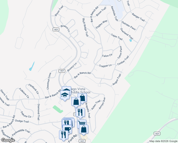 map of restaurants, bars, coffee shops, grocery stores, and more near 8304 Bar K Ranch Road in Lago Vista