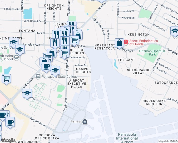 map of restaurants, bars, coffee shops, grocery stores, and more near 6100 Airlane Drive in Pensacola