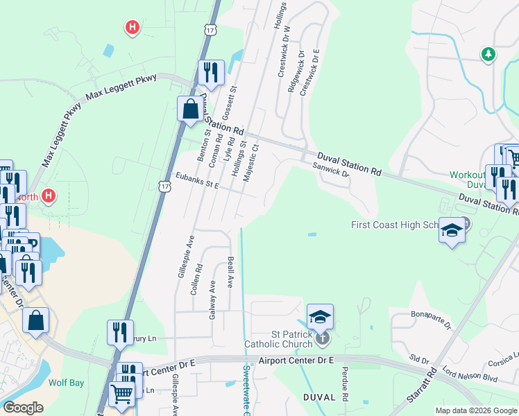 map of restaurants, bars, coffee shops, grocery stores, and more near 165 Sanwick Drive in Jacksonville