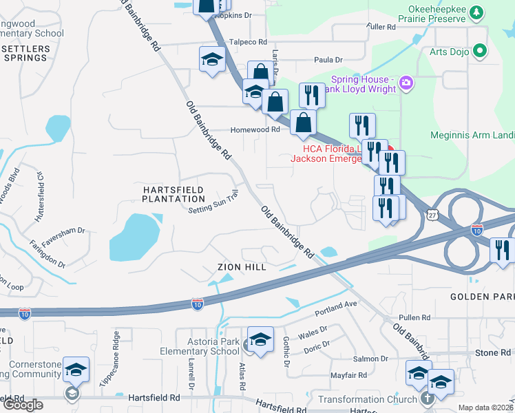 map of restaurants, bars, coffee shops, grocery stores, and more near 1905 Setting Sun Trail in Tallahassee