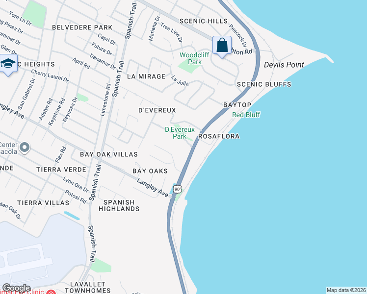 map of restaurants, bars, coffee shops, grocery stores, and more near 4621 Canopy Road in Pensacola