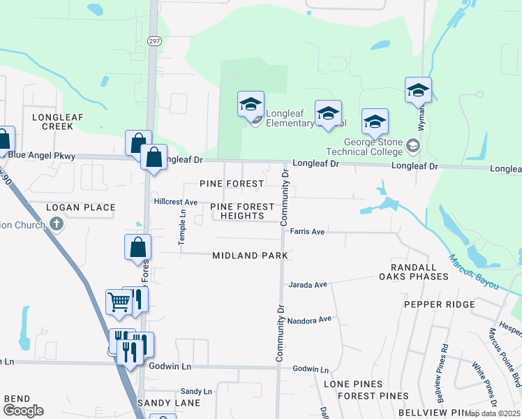 map of restaurants, bars, coffee shops, grocery stores, and more near 2638 Hillcrest Avenue in Pensacola