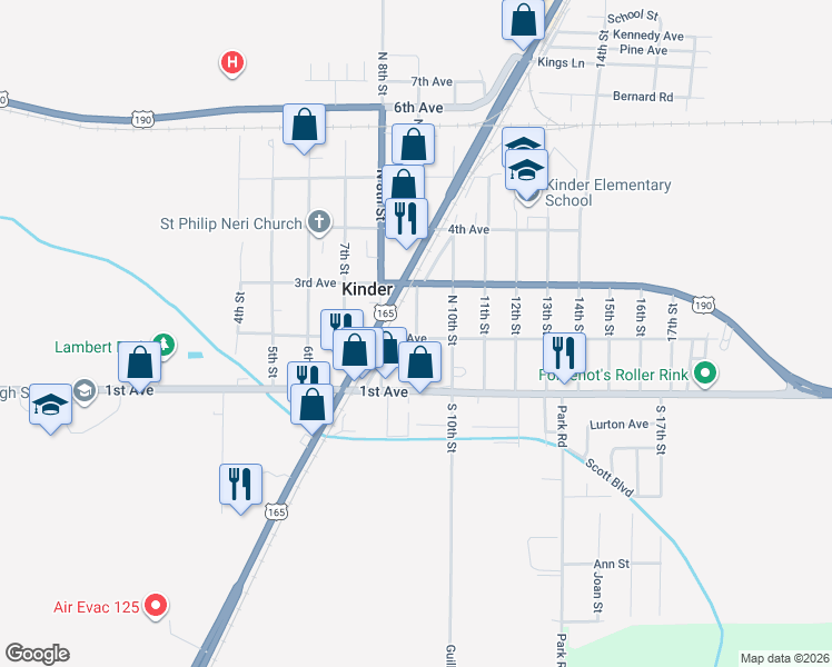map of restaurants, bars, coffee shops, grocery stores, and more near 209 9th Street in Kinder
