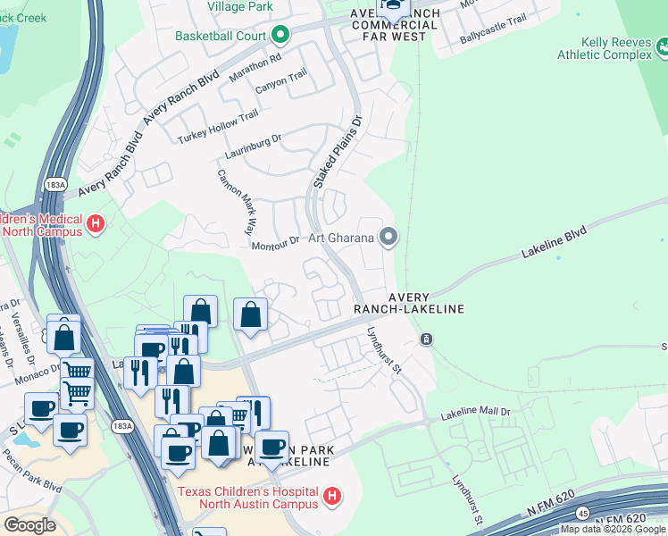 map of restaurants, bars, coffee shops, grocery stores, and more near 14005 1/2 Carolina Lane in Austin