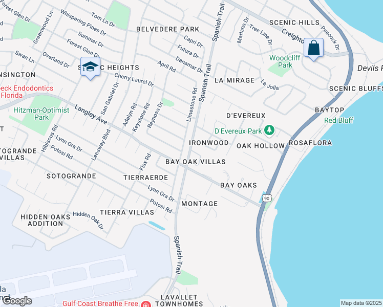 map of restaurants, bars, coffee shops, grocery stores, and more near 4241 Spanish Trail Place in Pensacola