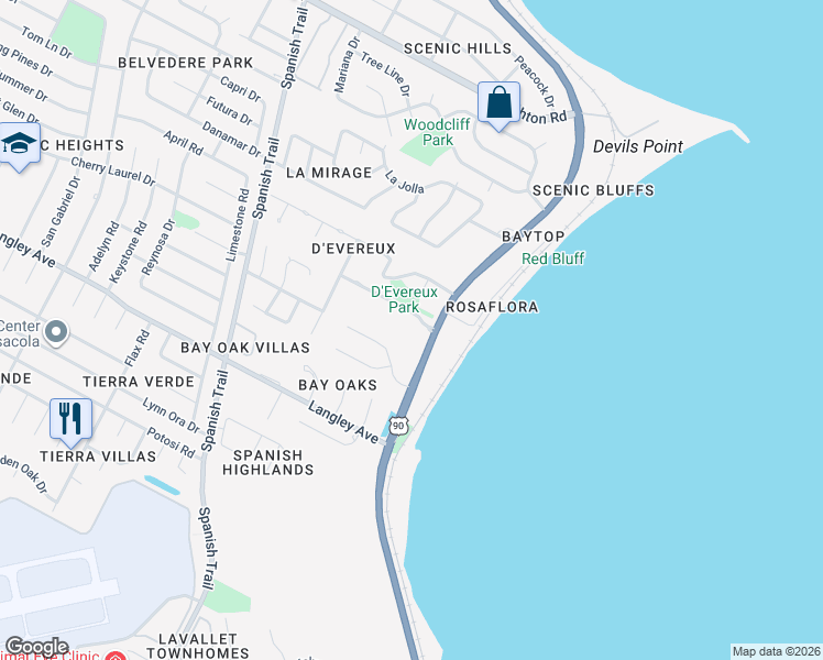 map of restaurants, bars, coffee shops, grocery stores, and more near 4621 Canopy Road in Pensacola