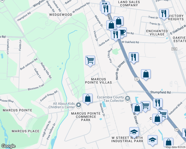 map of restaurants, bars, coffee shops, grocery stores, and more near 837 Ladner Drive in Pensacola