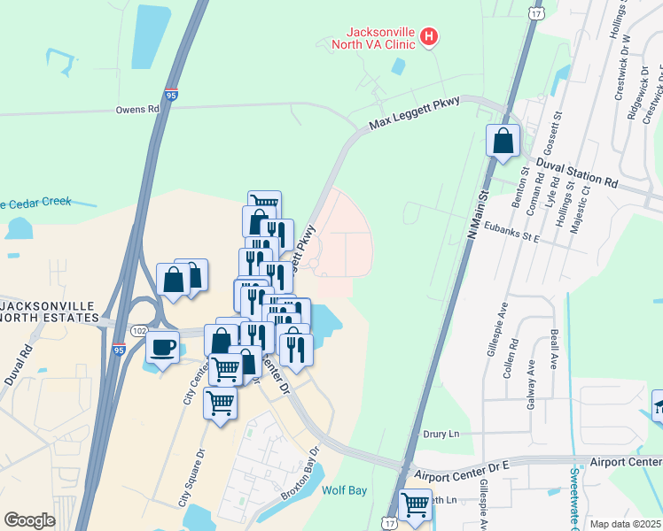 map of restaurants, bars, coffee shops, grocery stores, and more near 15255 Max Leggett Parkway in Jacksonville