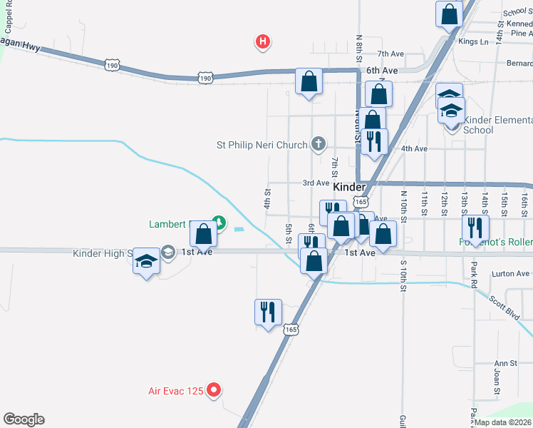 map of restaurants, bars, coffee shops, grocery stores, and more near 205 4th Street in Kinder