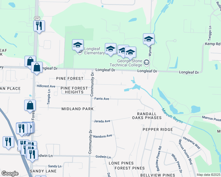 map of restaurants, bars, coffee shops, grocery stores, and more near 2509 Hillcrest Avenue in Pensacola