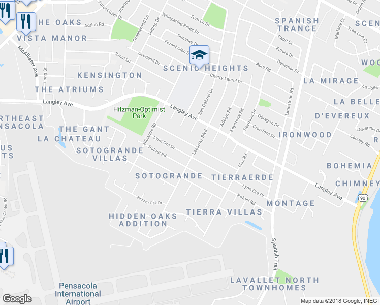 map of restaurants, bars, coffee shops, grocery stores, and more near 3960 Lynn Ora Drive in Pensacola