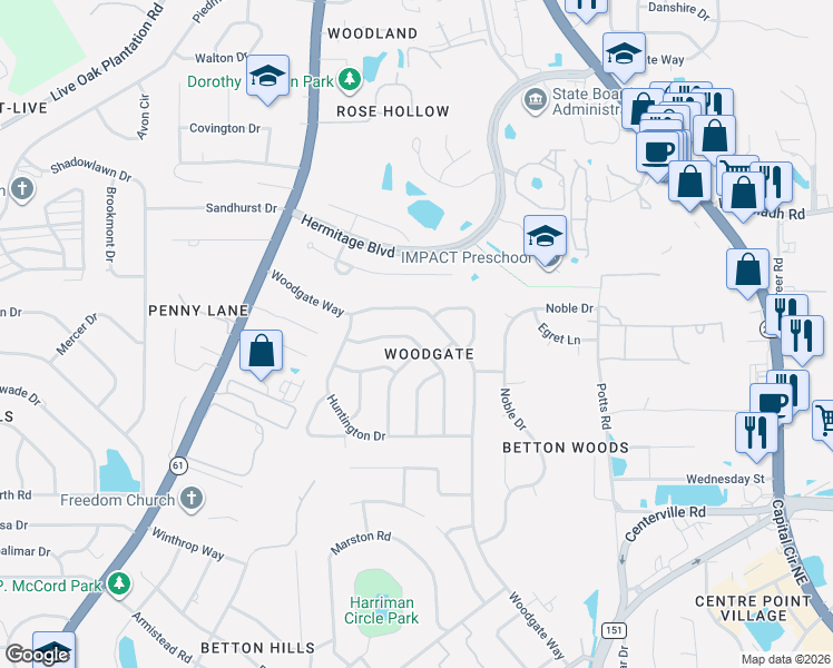 map of restaurants, bars, coffee shops, grocery stores, and more near 1437 Woodgate Way in Tallahassee