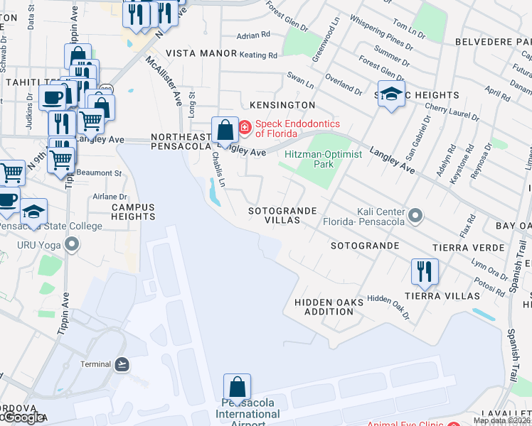map of restaurants, bars, coffee shops, grocery stores, and more near 3520 Soto Grande Place in Pensacola