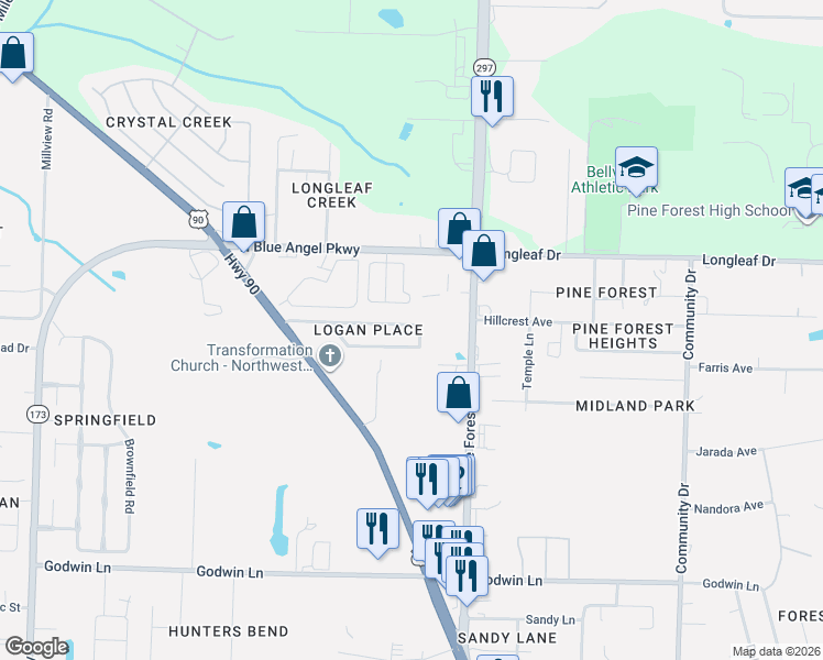 map of restaurants, bars, coffee shops, grocery stores, and more near 3376 Wasatch Range Loop in Pensacola