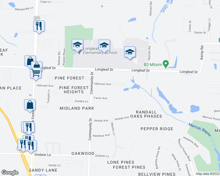 map of restaurants, bars, coffee shops, grocery stores, and more near 2509 Hillcrest Avenue in Pensacola