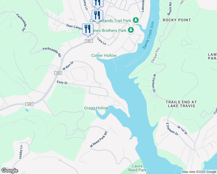 map of restaurants, bars, coffee shops, grocery stores, and more near 18101 West Rim Drive in Jonestown