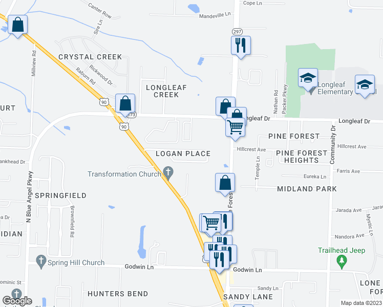 map of restaurants, bars, coffee shops, grocery stores, and more near 3401 Wasatch Range Loop in Pensacola
