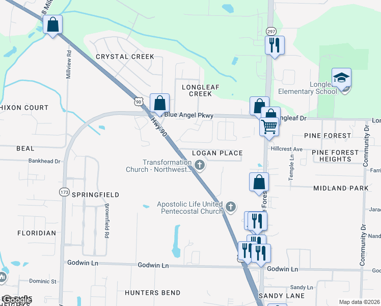 map of restaurants, bars, coffee shops, grocery stores, and more near 3492 Wasatch Range Loop in Pensacola